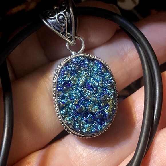 Titanium Druzy Sterling Silver Pendant Necklace - Picture 1 of 9
